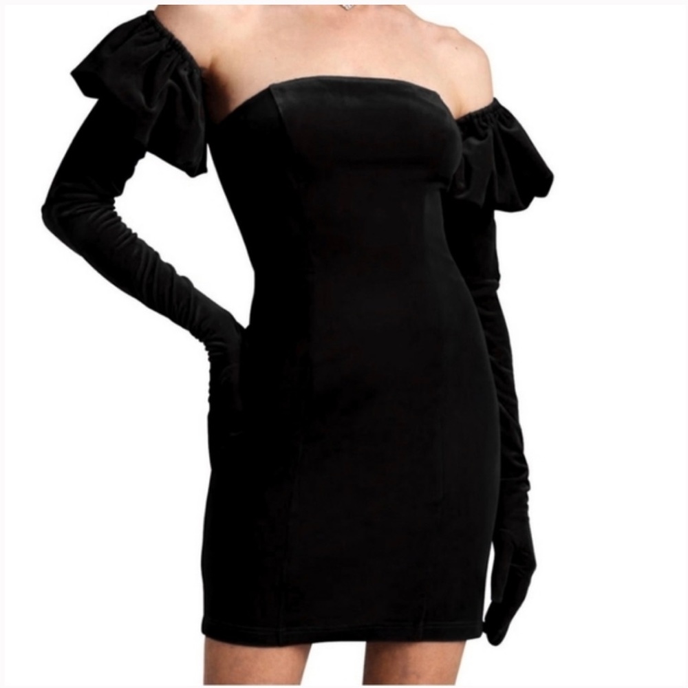 AVEC LES FILLES Strapless Juliet Velvet Body-Con Puff Sleeve Dress Black Size S